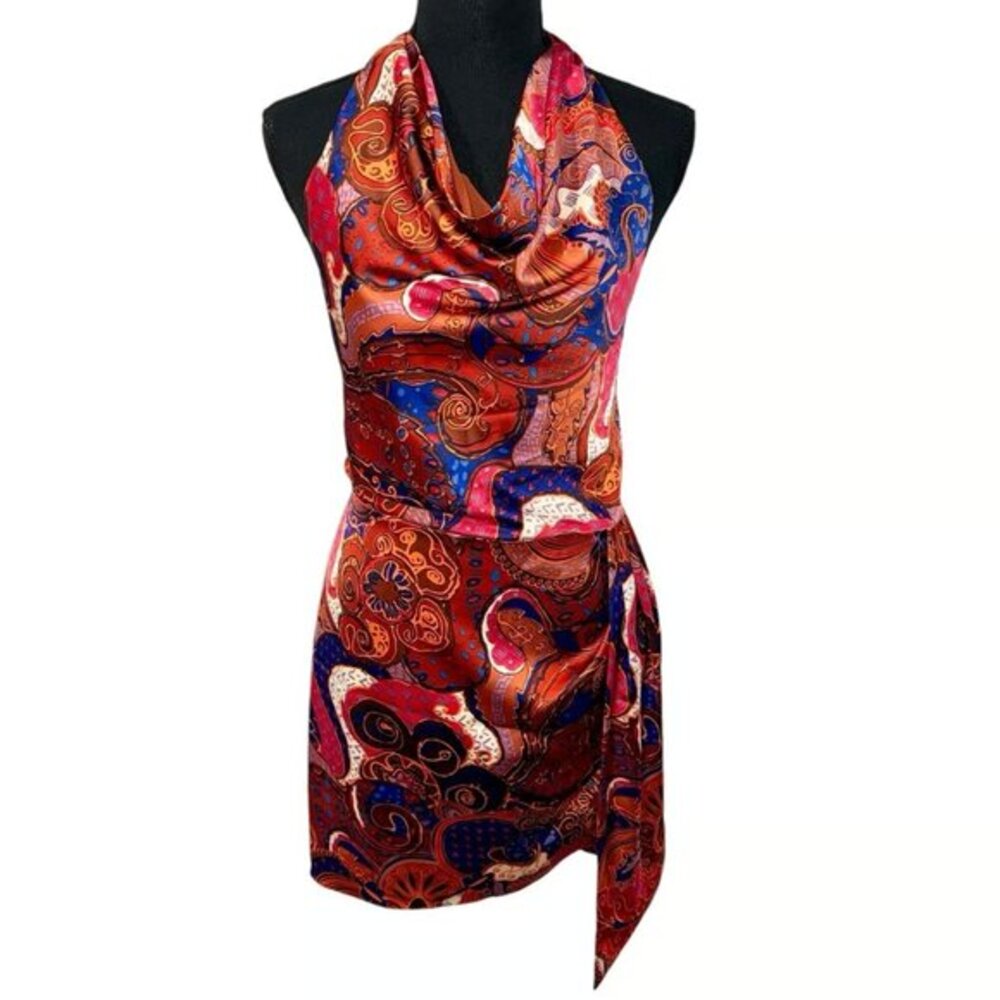 House of Harlow 1960 Satin Boho Indie Print Halter Open Back Mini Dress New 2